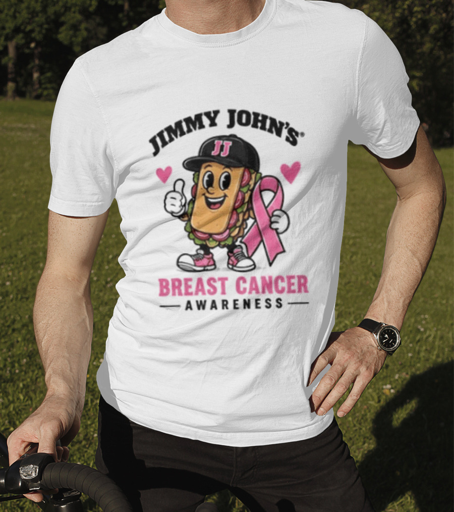 Jimmy John's Pink Ribbon Breast Cancer Awareness Sandwich JJ Hat Hearts T-Shirt