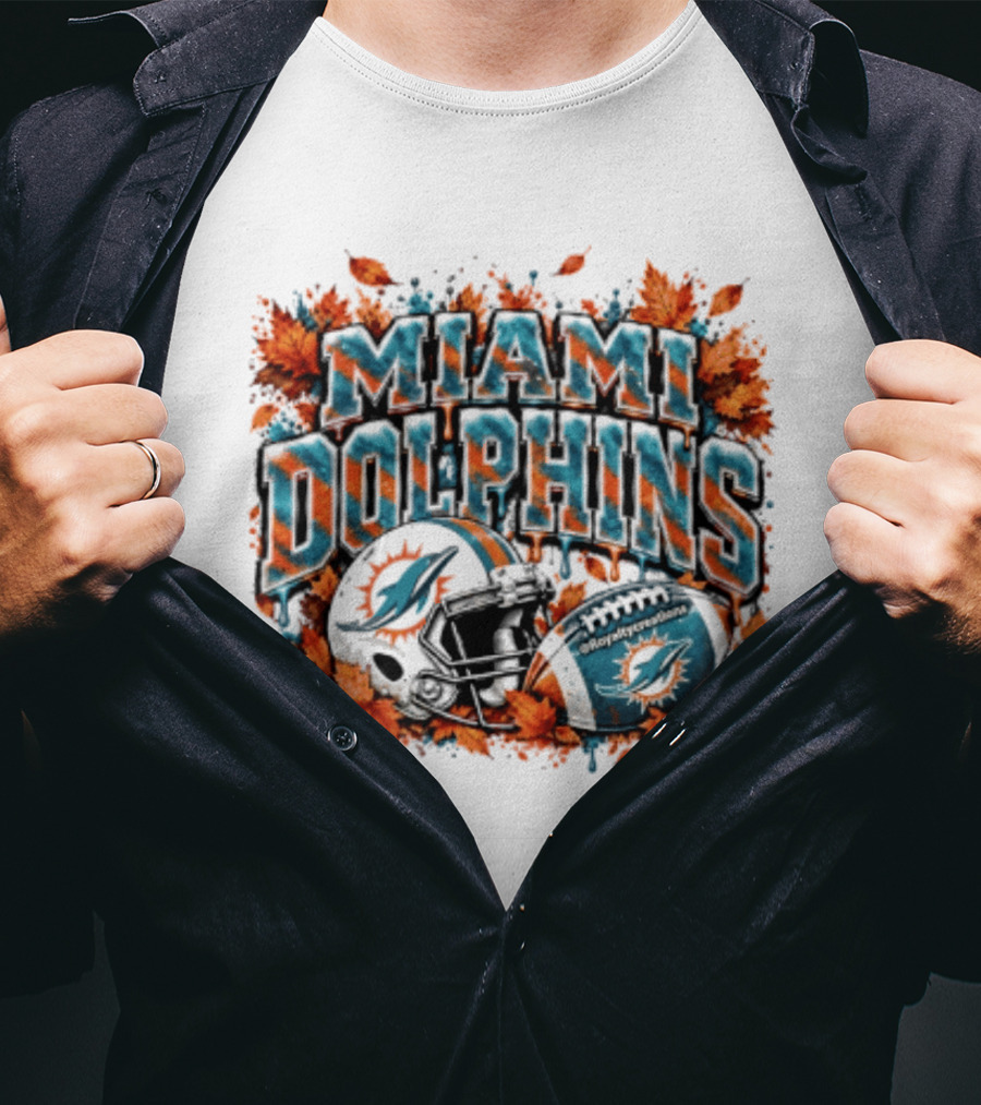 Miami Dolphins Football Helmet Autumn Leaves Halloween 2026 T-Shirt