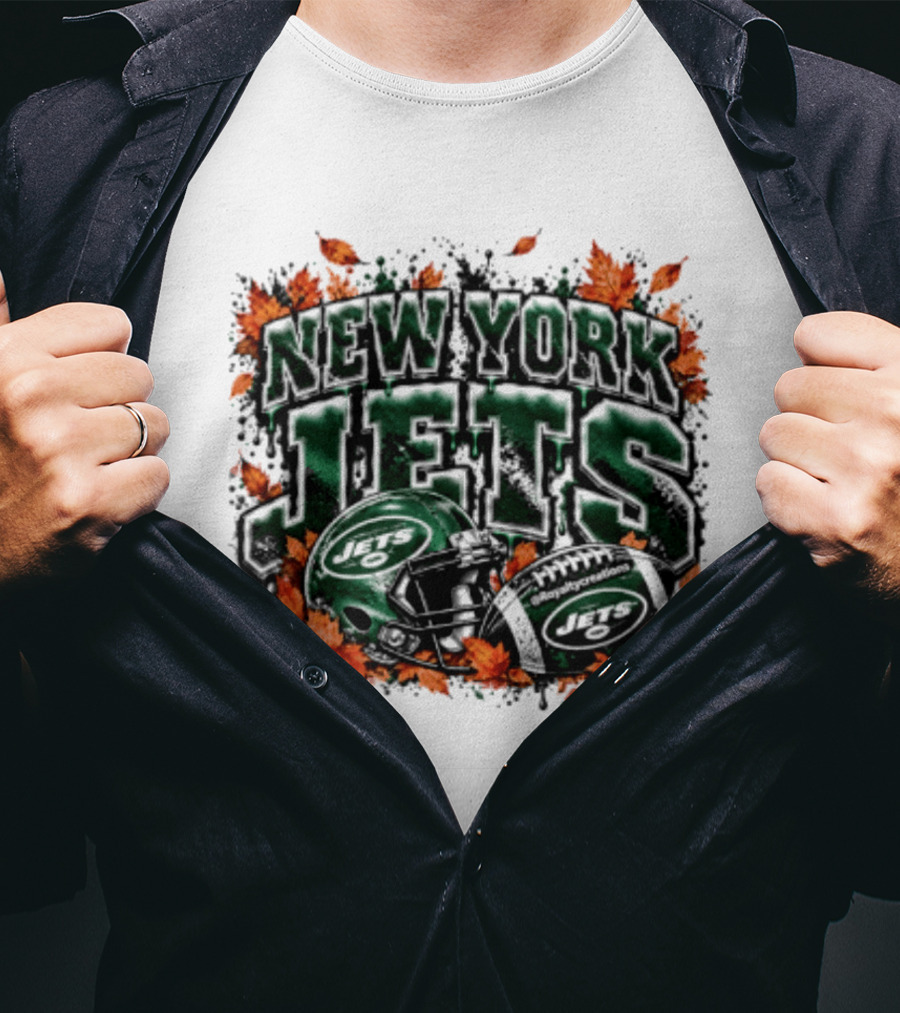 New York Jets Football Helmet Autumn Leaves Halloween 2026 T-Shirt