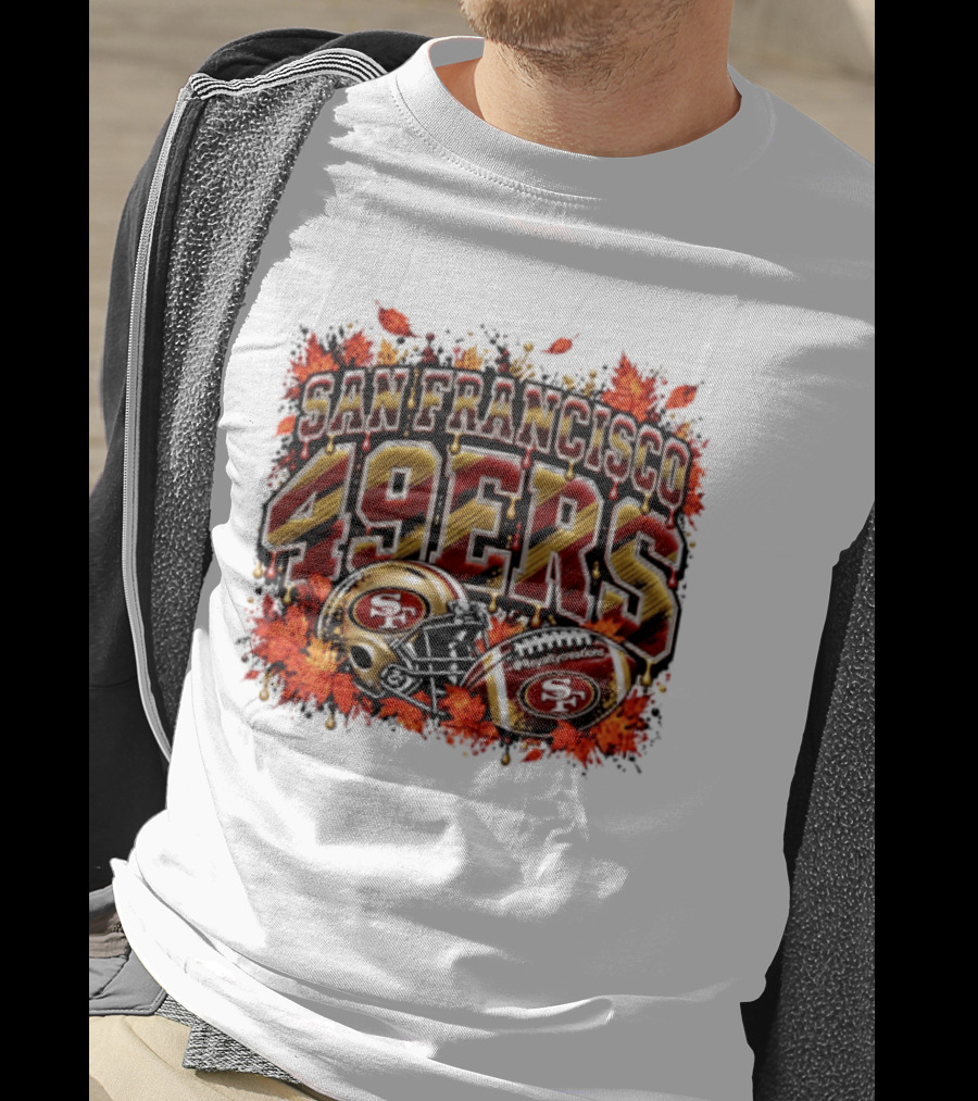 San Francisco 49ers Helmet And Football Autumn Leaves 2026 T-Shirt