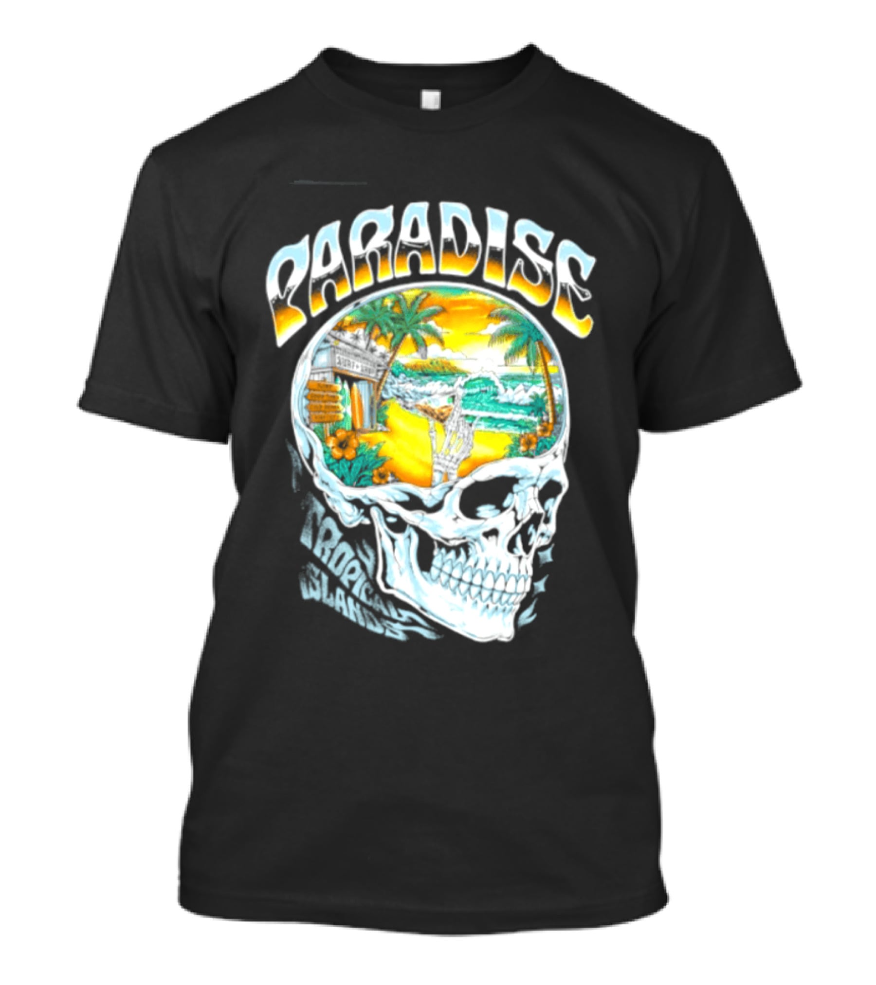 Paradise Tropical Island Skull Surf Shop Beach Scene T-Shirt