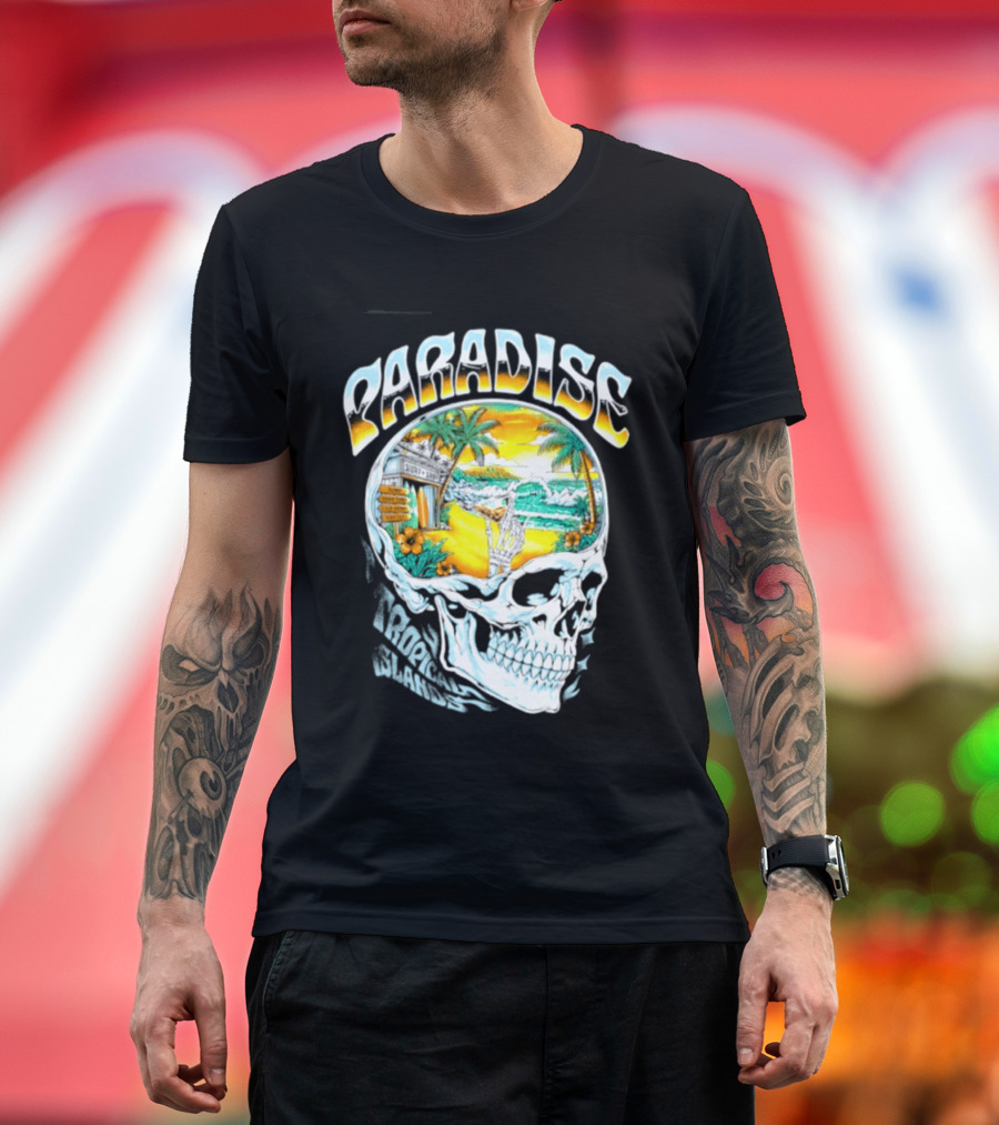 Paradise Tropical Island Skull Surf Shop Beach Scene T-Shirt