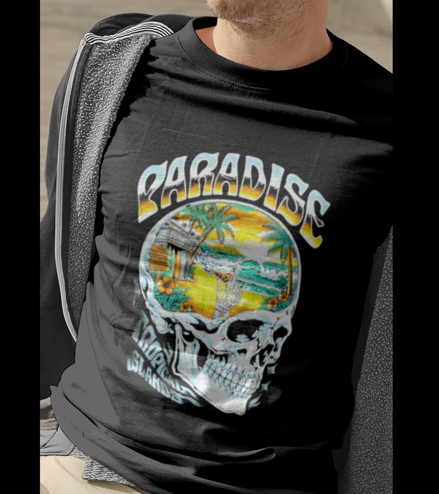 Paradise Tropical Island Skull Surf Shop Beach Scene T-Shirt