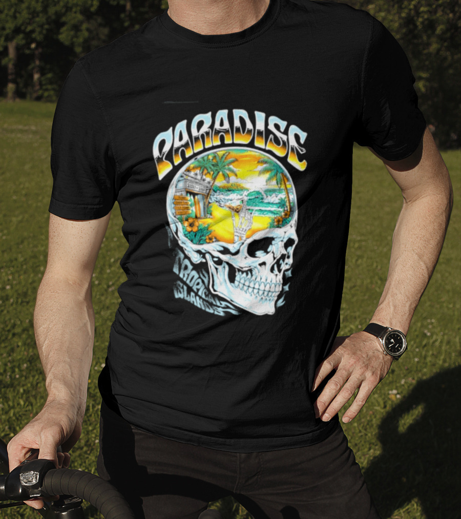 Paradise Tropical Island Skull Surf Shop Beach Scene T-Shirt