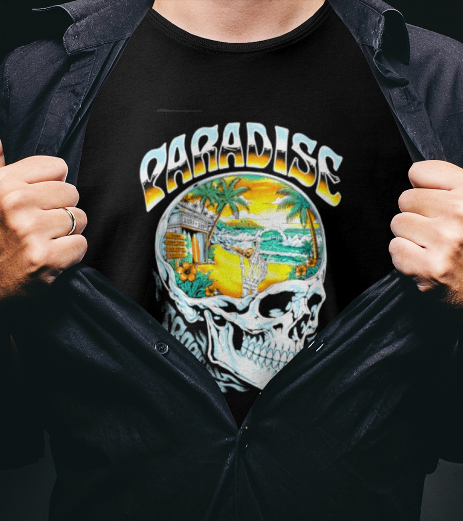 Paradise Tropical Island Skull Surf Shop Beach Scene T-Shirt