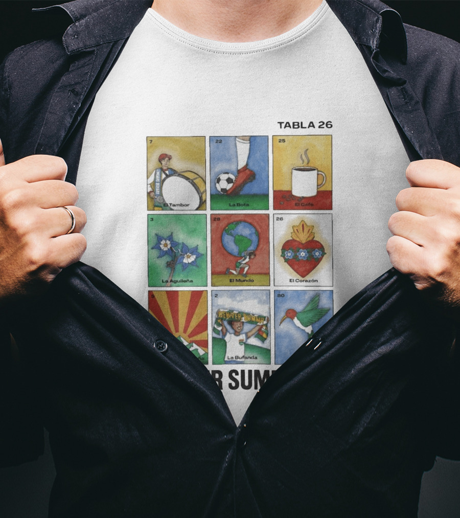 Denver Summit FC Loteria Tabla 26 El Tambor La Bota El Cafe La Aguileña El Mundo El Corazón El Sol Y La Montaña La Bufanda El Pajaro T-Shirt