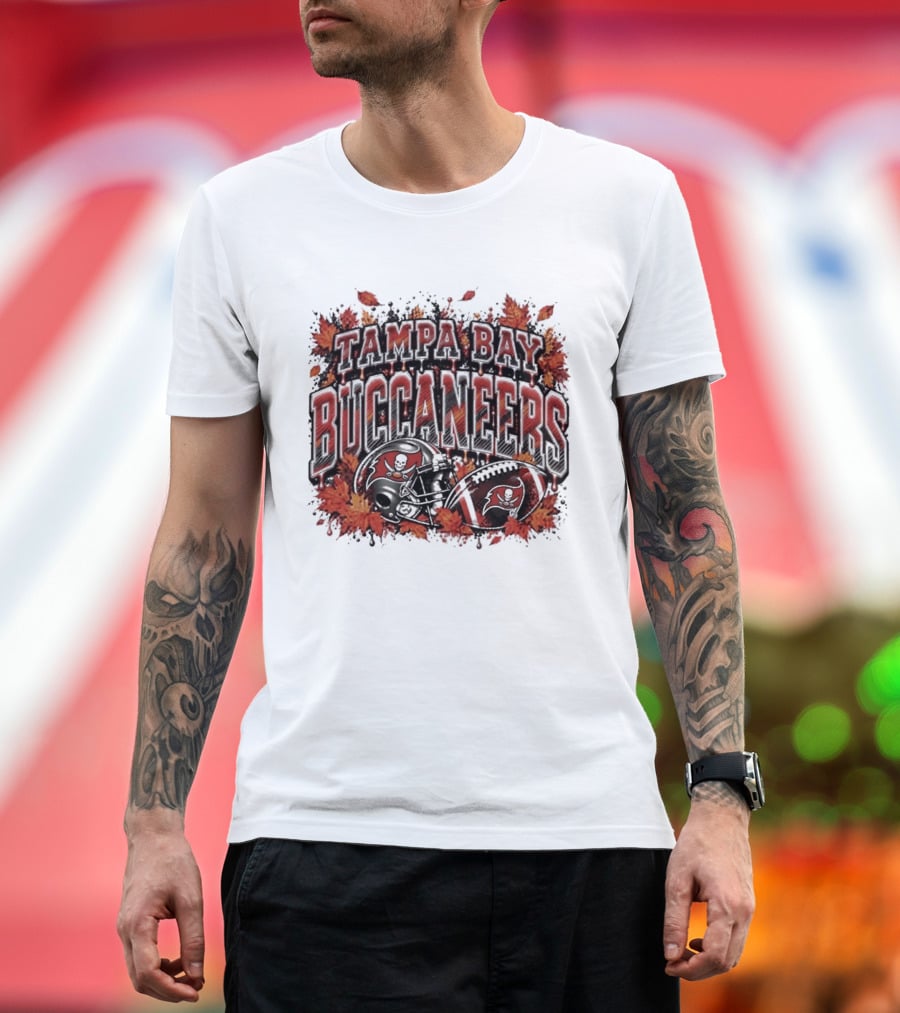 Tampa Bay Buccaneers Helmet And Football With Autumn Leaves Halloween 2026 T-Shirt