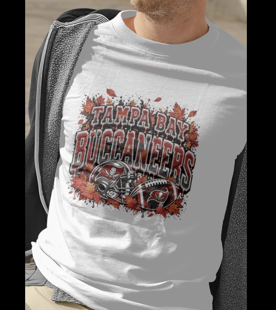 Tampa Bay Buccaneers Helmet And Football With Autumn Leaves Halloween 2026 T-Shirt