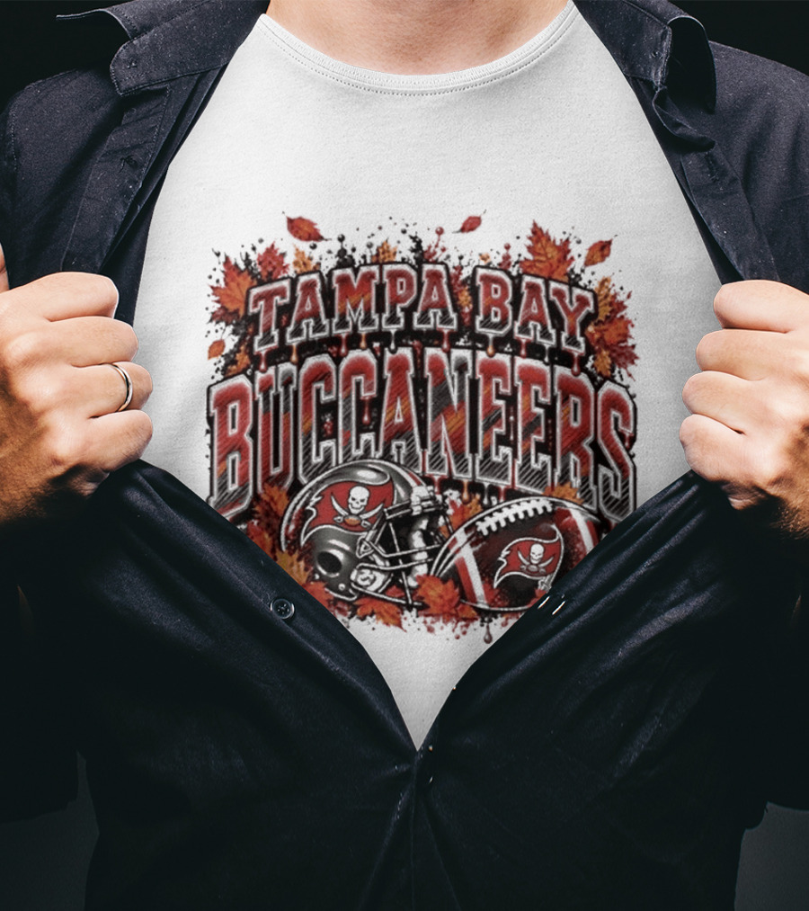 Tampa Bay Buccaneers Helmet And Football With Autumn Leaves Halloween 2026 T-Shirt
