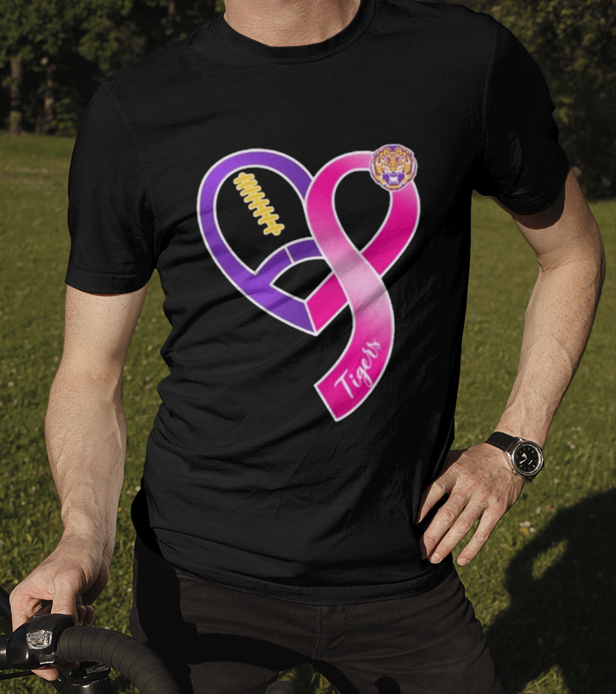 LSU Tigers Breast Cancer Awareness 2026 Heart Ribbon Football T-Shirt