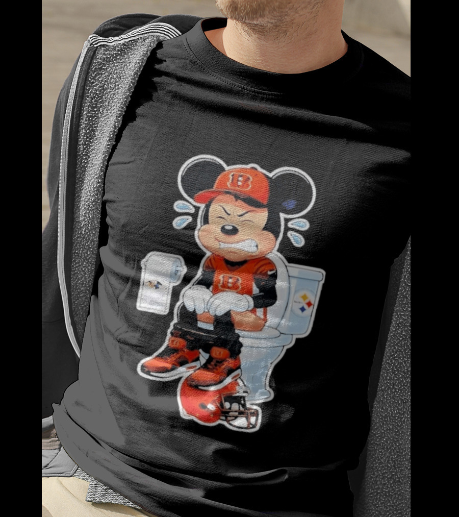 Mickey Cincinnati Bengals Mascot On Toilet Rival Baltimore Ravens Steelers Football Helmet T-Shirt
