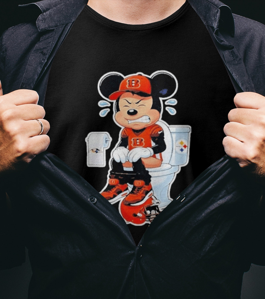 Mickey Cincinnati Bengals Mascot On Toilet Rival Baltimore Ravens Steelers Football Helmet T-Shirt