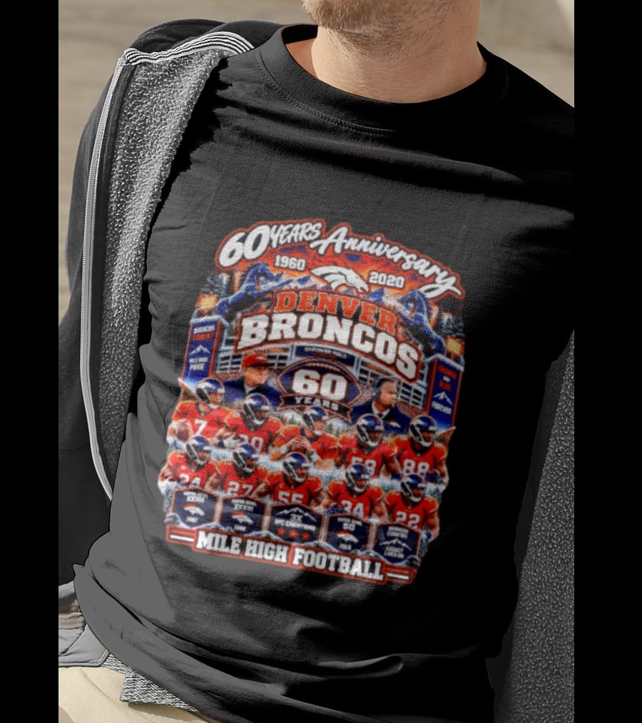Denver Broncos 60 Years Anniversary 1960 2020 Mile High Football Champions Iconic Moments T-Shirt