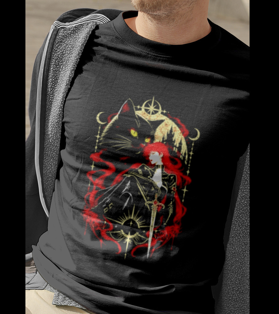 Gothic Red Haired Woman Black Cat Sword Magical T-Shirt