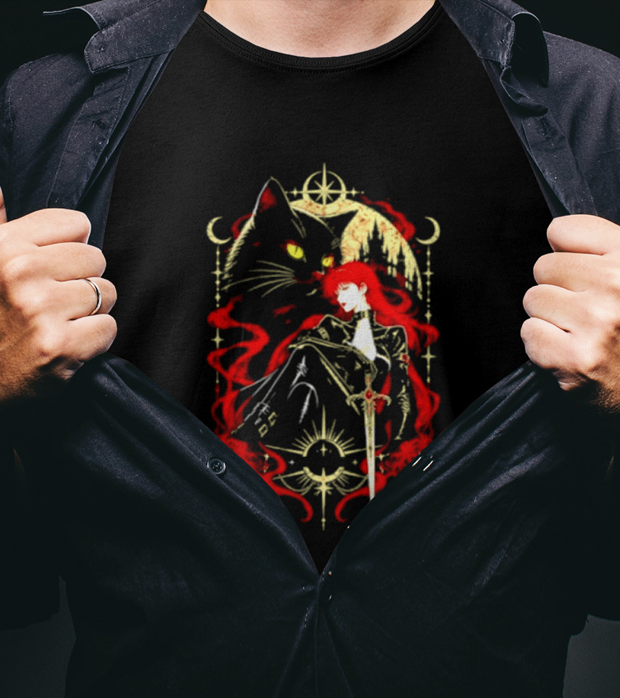 Gothic Red Haired Woman Black Cat Sword Magical T-Shirt