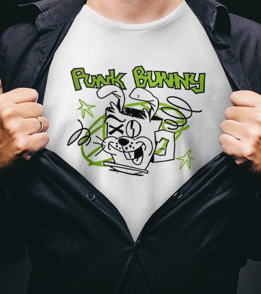 Punk Bunny Coffee Green Day Style Spiral Stars T-Shirt