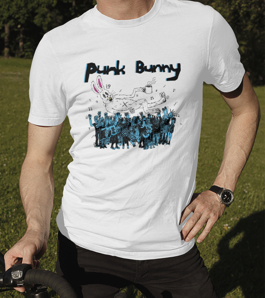 Punk Bunny Coffee Cup Crowd Green Day Style White T-Shirt