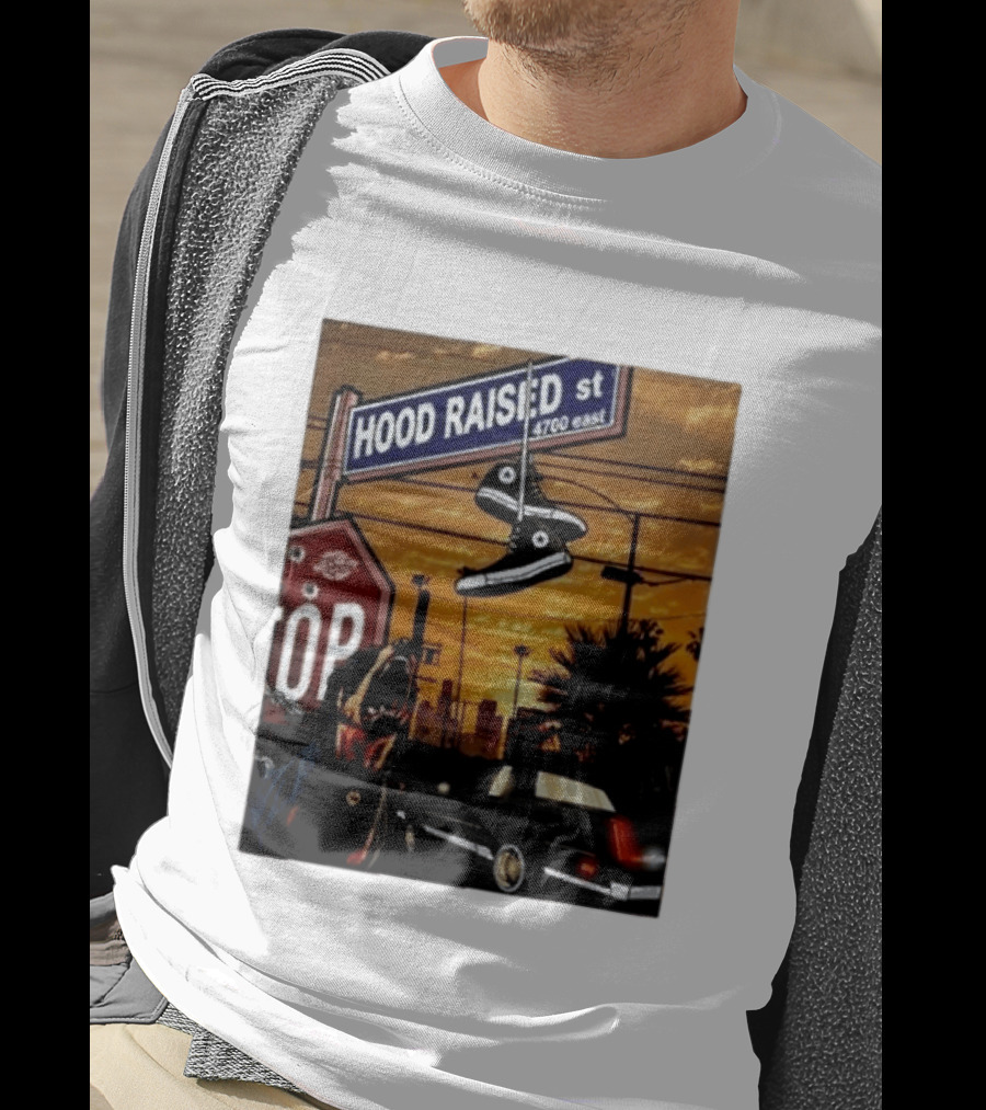 Hood Raised Street 4700 East Rottweiler Lowrider Sneakers And Sunset Urban Scene T-Shirt