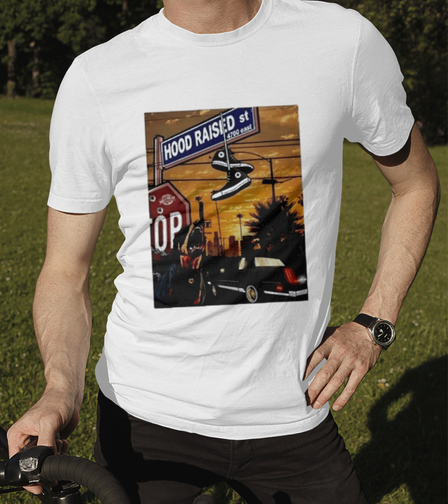 Hood Raised Street 4700 East Rottweiler Lowrider Sneakers And Sunset Urban Scene T-Shirt