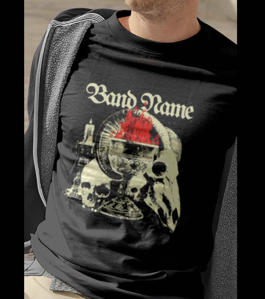 Band Name Skull Chalice Candle Flames Heavy Metal T-Shirt