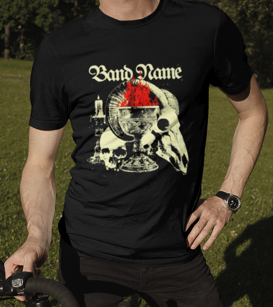 Band Name Skull Chalice Candle Flames Heavy Metal T-Shirt