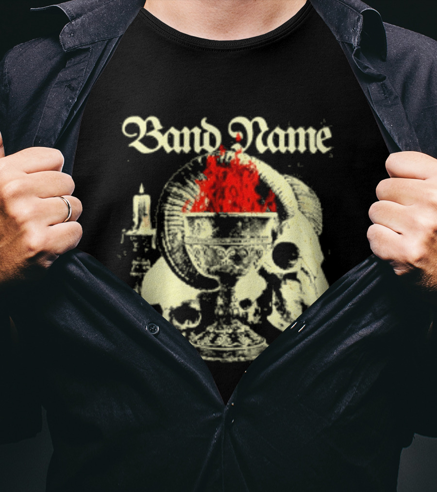 Band Name Skull Chalice Candle Flames Heavy Metal T-Shirt