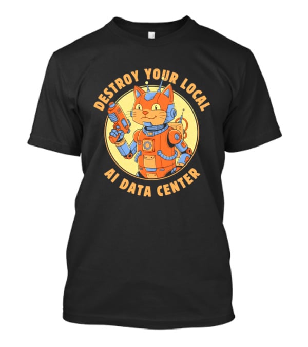 Destroy Your Local AI Data Center Robot Cat Retro Futuristic T-Shirt
