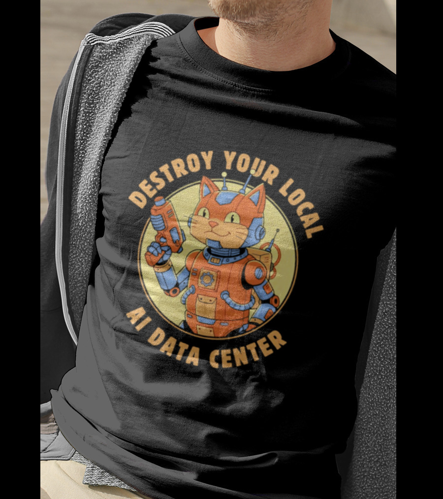 Destroy Your Local AI Data Center Robot Cat Retro Futuristic T-Shirt