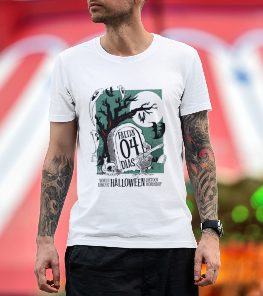 Faltan 04 Dias World Famous Halloween Cartoon Workshop Spooky Tree And Bats T-Shirt