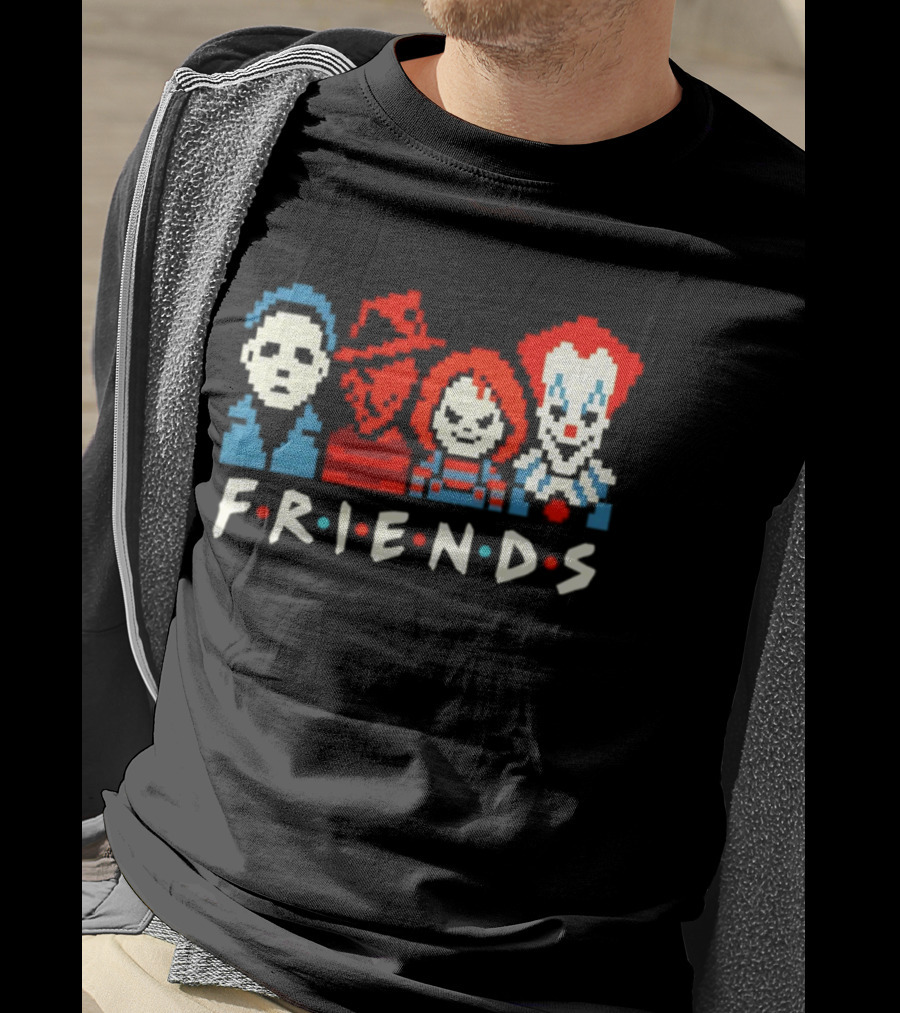 Friends Horror Movie Characters Pixel Art Michael Freddy Chucky Pennywise T-Shirt