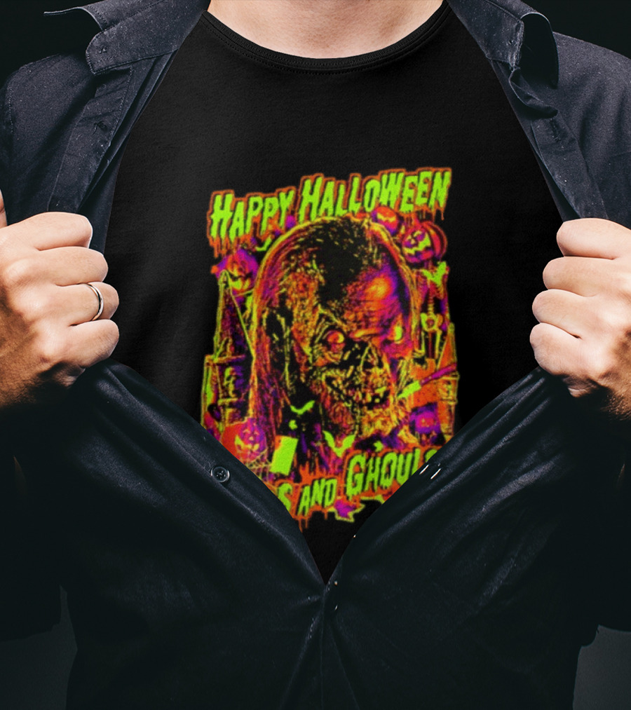 Happy Halloween Boils And Ghouls Horror Zombie Pumpkins Candles Spooky Scene T-Shirt