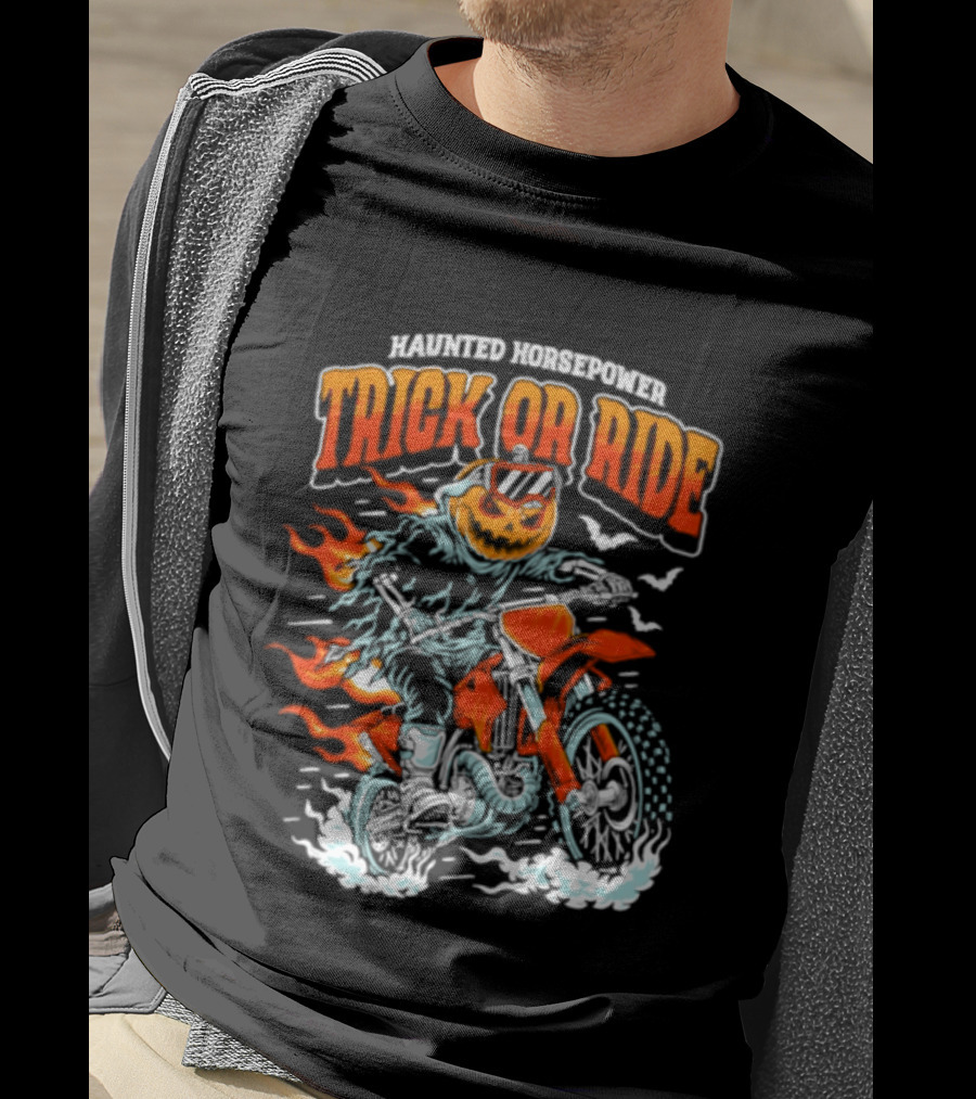 Haunted Horsepower Trick Or Ride Halloween Pumpkin Motorcycle Flames T-Shirt