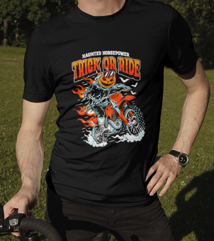 Haunted Horsepower Trick Or Ride Halloween Pumpkin Motorcycle Flames T-Shirt