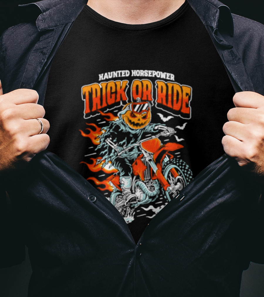 Haunted Horsepower Trick Or Ride Halloween Pumpkin Motorcycle Flames T-Shirt