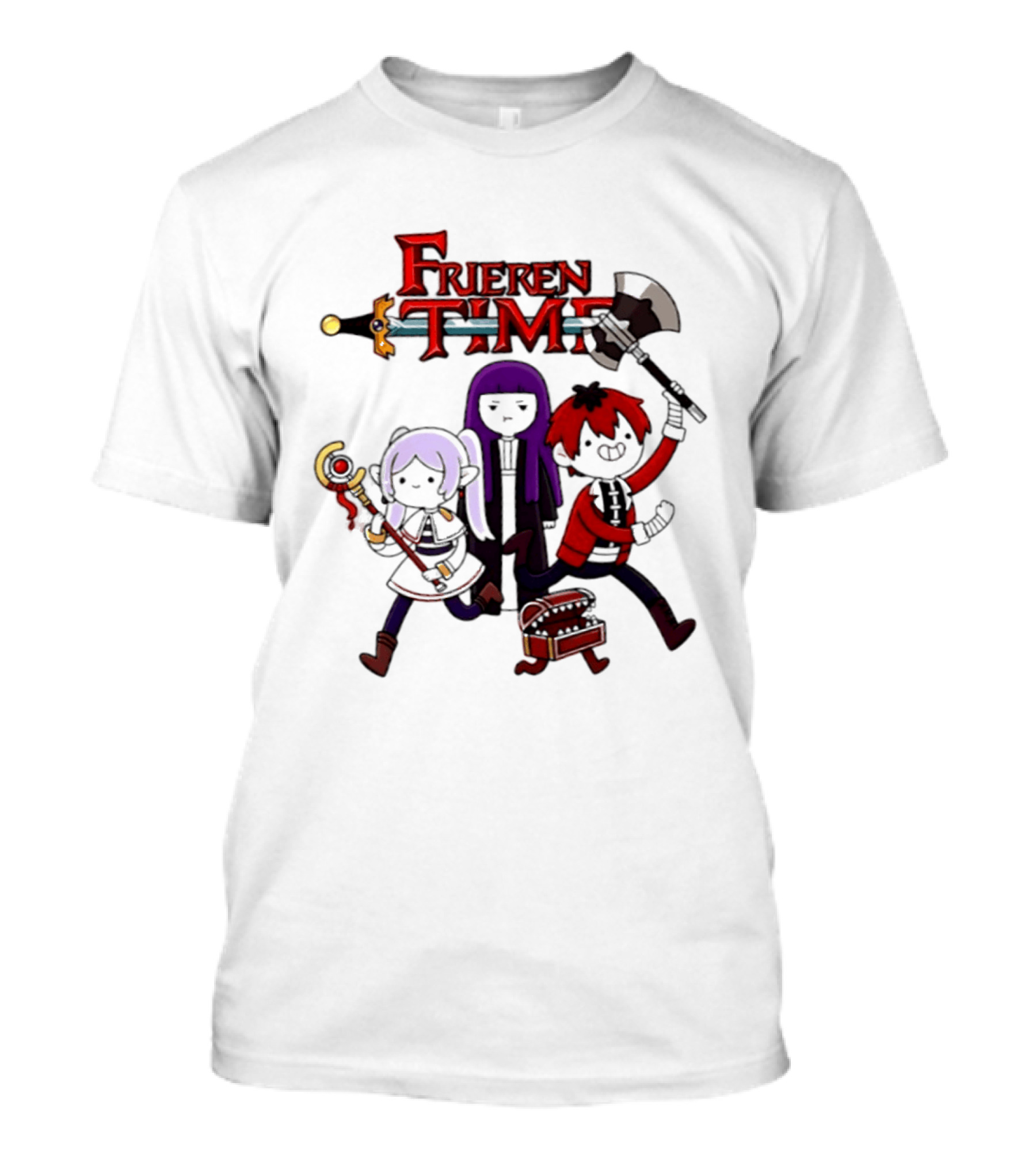 Frieren Time Adventure Time Anime Crossover Characters With Weapons And Staff T-Shirt