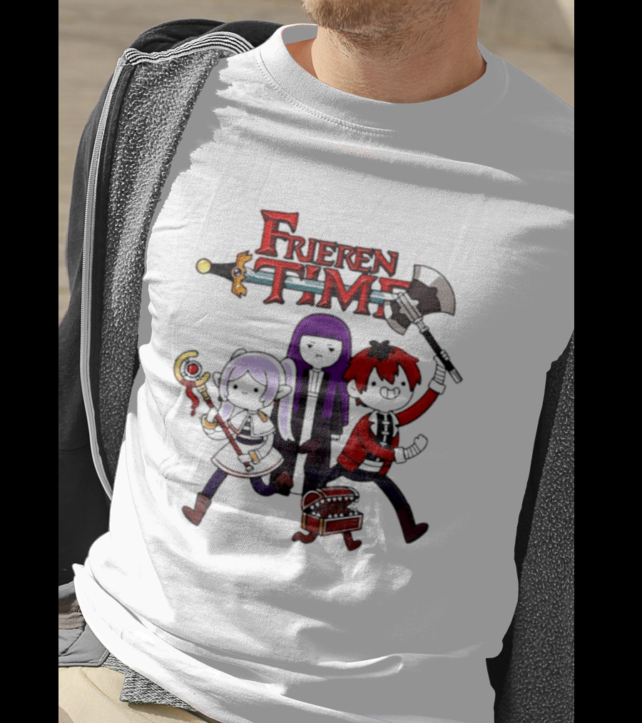 Frieren Time Adventure Time Anime Crossover Characters With Weapons And Staff T-Shirt