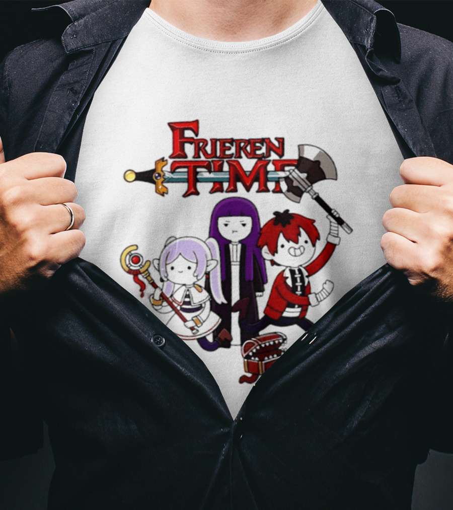 Frieren Time Adventure Time Anime Crossover Characters With Weapons And Staff T-Shirt