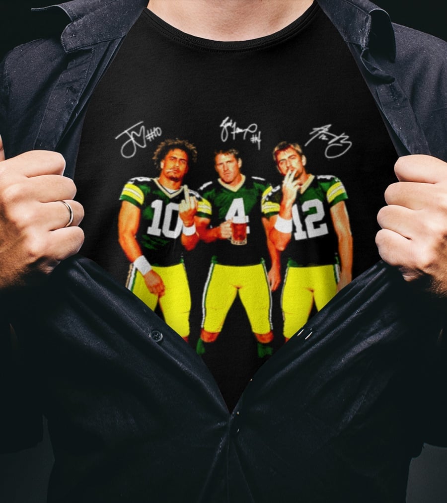 Brett Favre Aaron Rodgers Jordan Love Green Bay Packers Middle Finger Beer Smoking Signatures T-Shirt