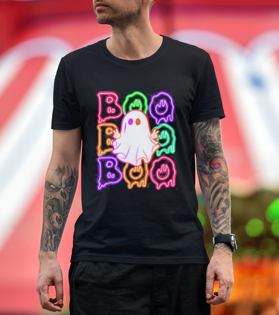Ghost Boo Neon Halloween Spooky Bright T-Shirt