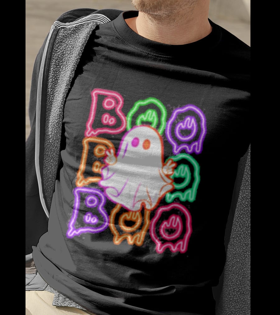 Ghost Boo Neon Halloween Spooky Bright T-Shirt