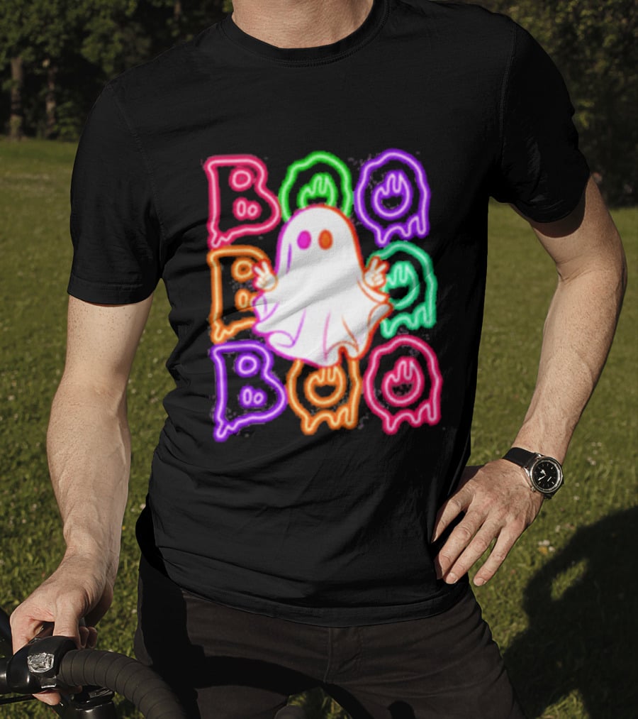 Ghost Boo Neon Halloween Spooky Bright T-Shirt