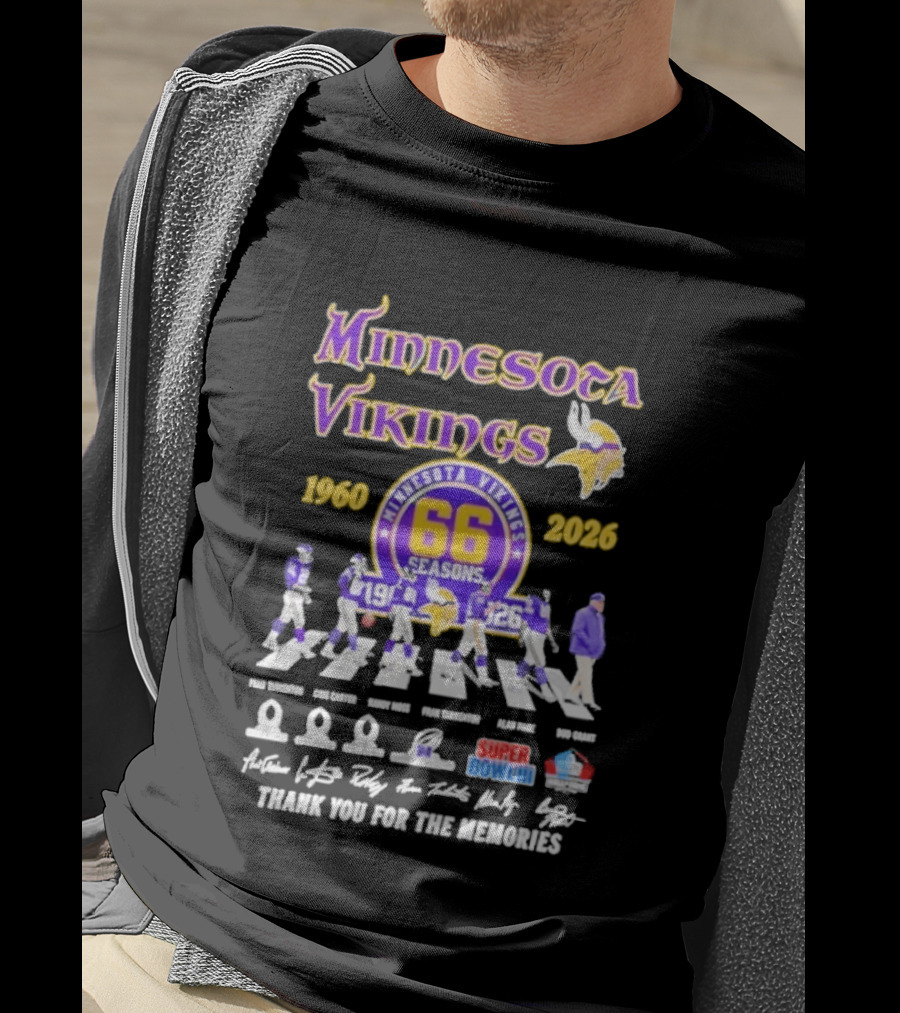 Minnesota Vikings 66 Seasons 1960 2026 Abbey Road Fran Tarkenton Cris Carter Randy Moss Alan Page Bud Grant Super Bowl Thank You For The Memories T-Shirt