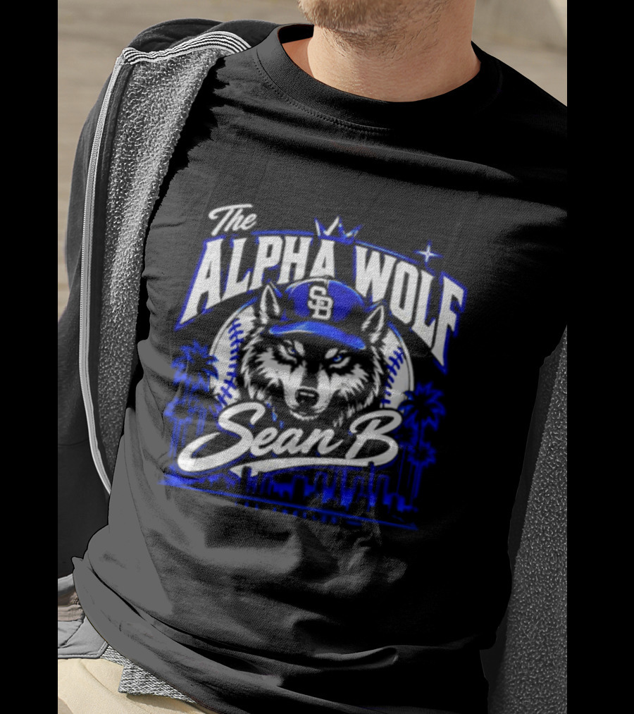 The Alpha Wolf Sean B LA Dodgers Skyline Wolf Baseball Cap Stars Palms T-Shirt