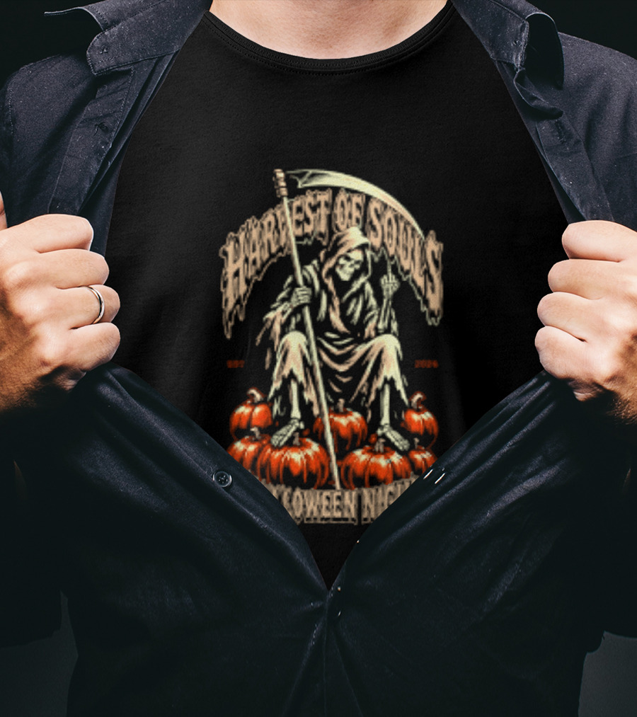 Grim Reaper Harvest Of Souls Halloween Night Middle Finger Pumpkins T-Shirt