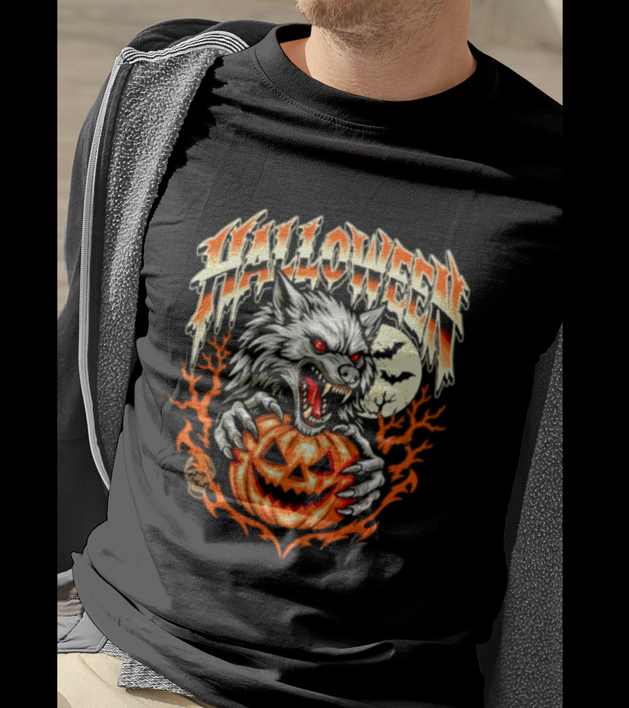 Halloween Werewolf With Jack O' Lantern And Full Moon T-Shirt