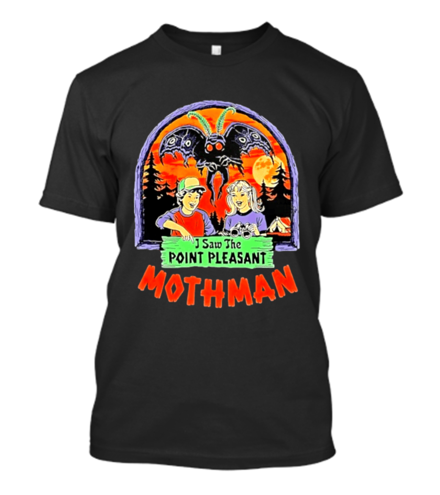 I Saw The Point Pleasant Mothman With Kids And Binoculars In Forest Scene T-Shirt