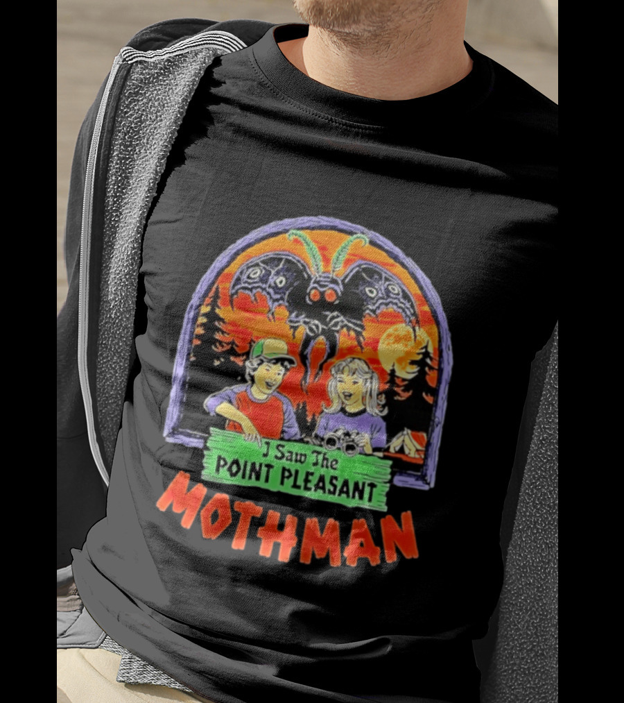 I Saw The Point Pleasant Mothman With Kids And Binoculars In Forest Scene T-Shirt