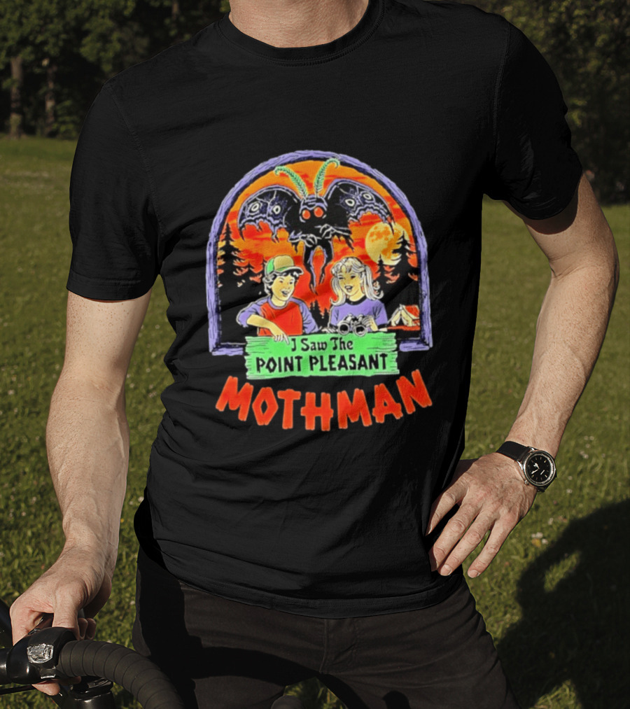 I Saw The Point Pleasant Mothman With Kids And Binoculars In Forest Scene T-Shirt