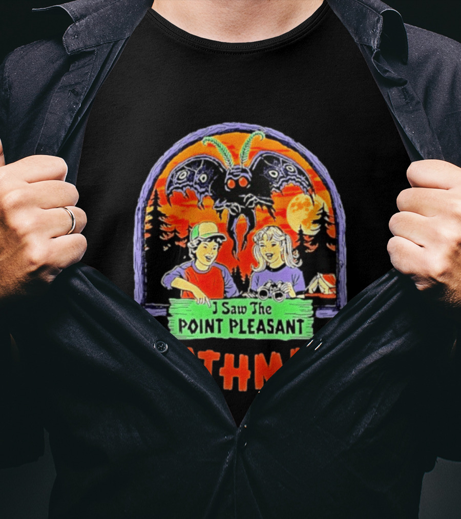 I Saw The Point Pleasant Mothman With Kids And Binoculars In Forest Scene T-Shirt