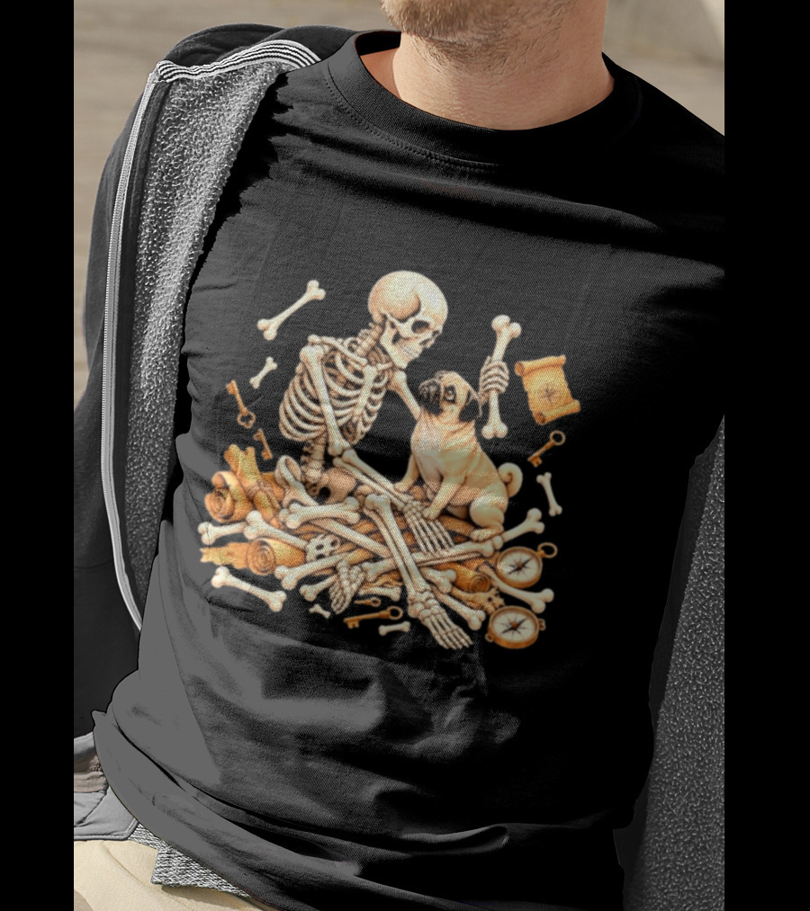 Skeleton And Pug With Bones And Scrolls Halloween Adventure T-Shirt